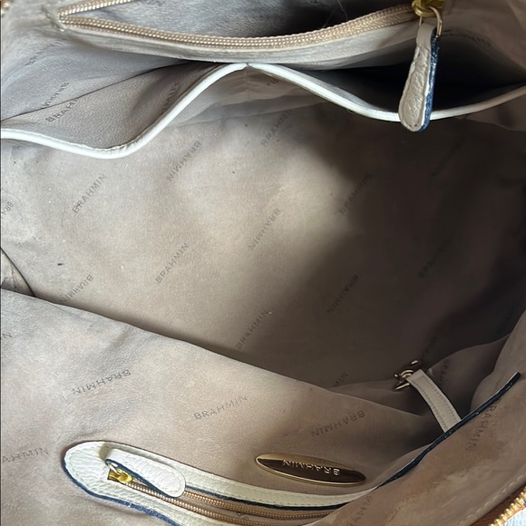 Brahmin White Navy Croc-Embossed Satchel with Tan Trim - Picture 11 of 14